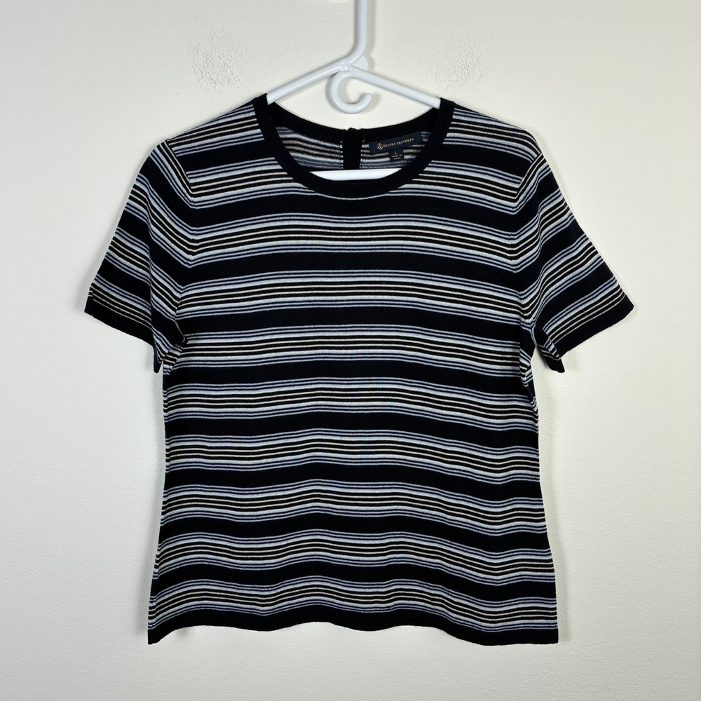 Brooks Brothers Merino Wool Striped Short Sleeve Sweater Women's L Retro Twee